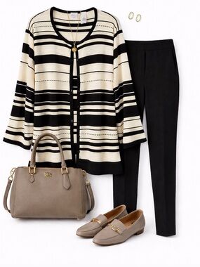 Emma & James Woman Black Cream Striped Button Cardigan Sweater 2X